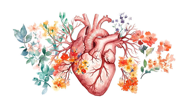 Watercolor heart with floral branches and leaves illustration
