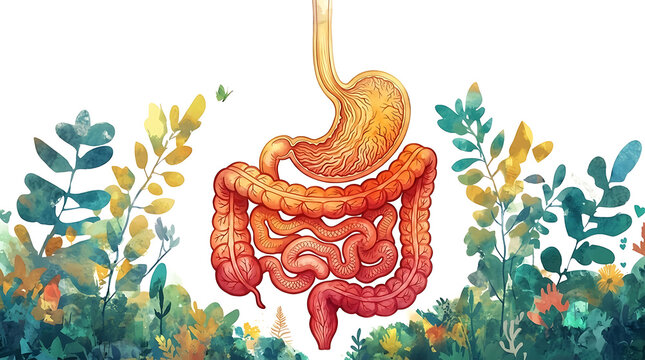 Illustration of human digestive system with stomach and intestines in a green forest background