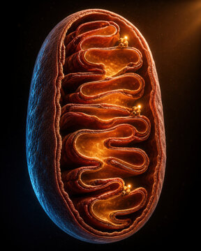 Mitochondrion inner membrane folds create energy through krebs cycle in cells, glowing with life and dynamic biochemical processes