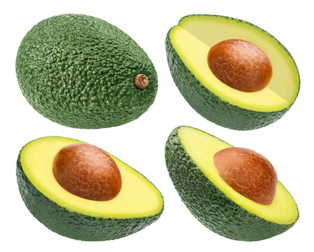 Set of whole and halved avocados with seeds, isolated on transparent cutout background