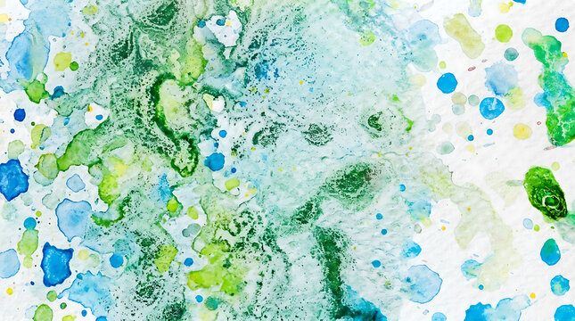 Abstract watercolor splatter art with green and blue tones on textured background