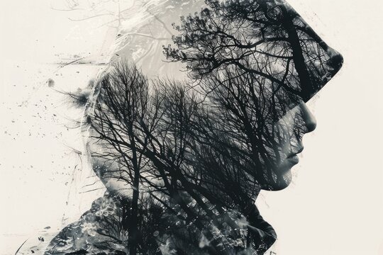 Mans face double exposure with trees in background