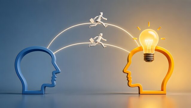 Knowledge transfer and headhunting concept with business figures crossing between human head profiles toward glowing lightbulb idea