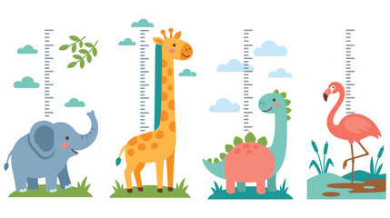 Naklejka premium Cute animal height chart with elephant giraffe dinosaur and flamingo.