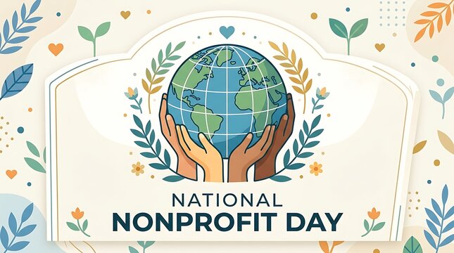 Elegant flat vector banner, simple National Nonprofit Day text, globe embraced by loving hands
