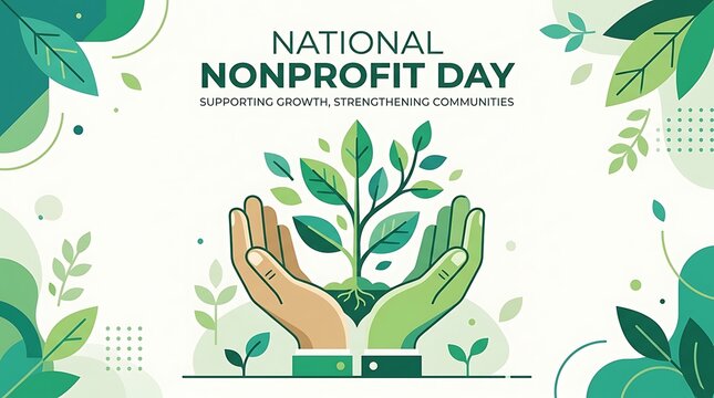 Flat vector artwork, simple National Nonprofit Day lettering, hands tending to a growing plant, and a vibrant green color scheme