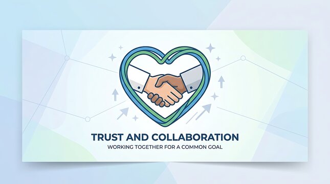Handshake inside a heart outline, minimal text, clean vector banner, trust and collaboration theme
