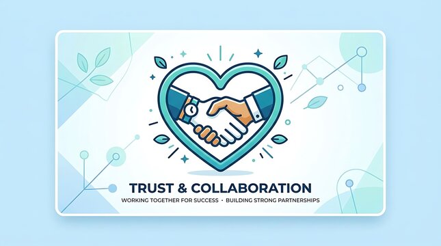 A clean vector banner with a handshake inside a heart outline, minimal text, and a message of cooperation and trust