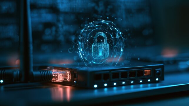 A digital lock hologram floats above a network switch, symbolizing cybersecurity and data protection in a connected digital environment.