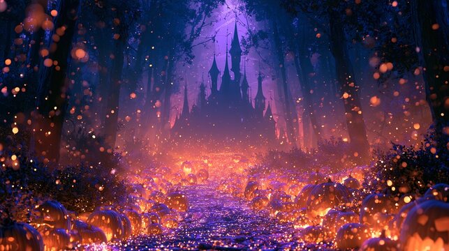 Enchanted forest path with hundreds of carved glowing pumpkins leading to silhouette of gothic castle set in mystical forest landscape during twilight