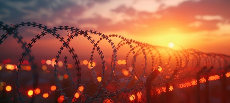 Barbed wire fence at sunset