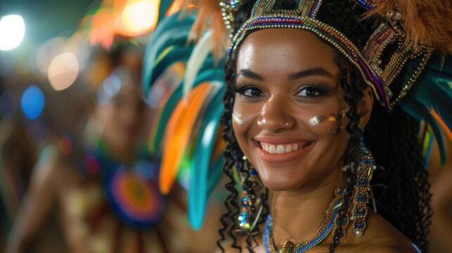 Beautiful happy female model in bright colorful clothes dances on the street at a carnival against the backdrop of celebrating people.