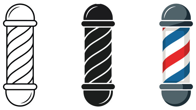 Barbershop pole icons featuring three modern styles with glyph, solid, and flat designs for barber salon, grooming, and beauty services, vector