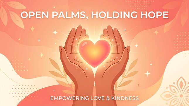 Open palms holding a glowing heart, minimal text, premium flat vector banner, warm inspirational colors