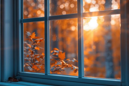 Window view of blurry sunset through trees