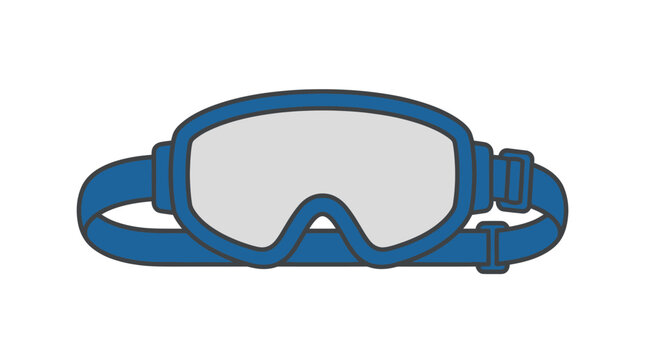 Blue ski goggles with clear lens and adjustable strap, isolated on white background, winter sports eyewear