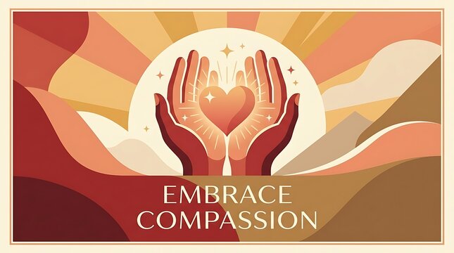 Warm, motivating hues, a quality flat vector banner, open palms with a shining heart, and little text
