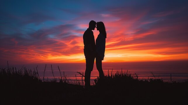 Couple silhouetted against sunset