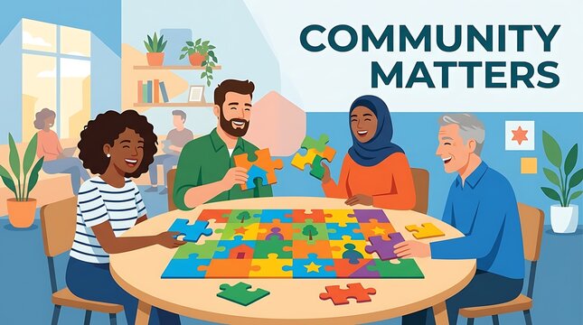 People connecting colorful puzzle pieces, minimal Community Matters text, clean flat vector artwork