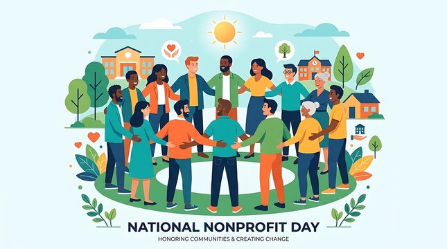 People forming a circle of support, minimal National Nonprofit Day text, modern flat vector artwork