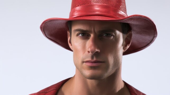Man wearing a red hat against a white background