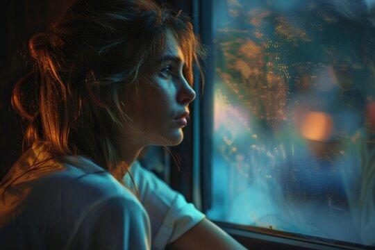 Thoughtful Woman Gazing Out Rainy Window at Night  Reflective Mood in Blue and Orange Hues
