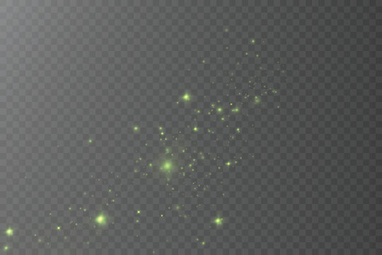 Green glowing particle trail with sparkling stars, magic dust and bokeh lights isolated on transparent background. Fantasy luminous vector overlay for festive and abstract designs.