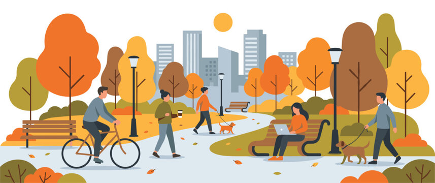 Autumn city park landscape with people walking and riding bikes illustration.