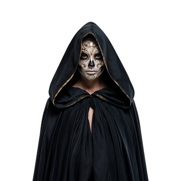 Mysterious person with gold and black sugar skull makeup wearing a black hooded cape against isolated on transparent or white background, png