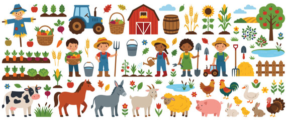 Fototapeta premium Farm life illustration with children, animals, crops, tractor and barn.