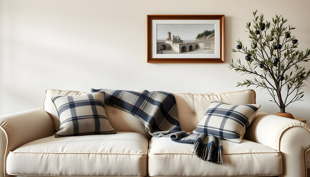 Soft sofa with plaid and cushion, picture on wall and decorative olive tree in interior of living room, dinamic scene. White tone