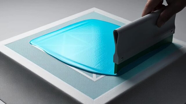 Professional Screen Printing Process Applying Blue Ink Over A Mesh Stencil.