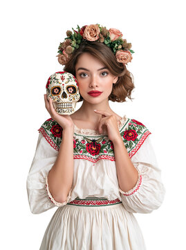 Young woman with freckles wearing a traditional embroidered dress and floral crown holding a decorative sugar skull against isolated on transparent or white background, png