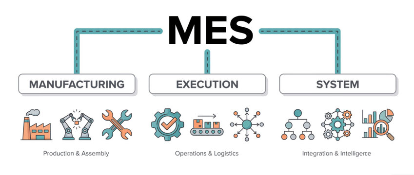 MES manufacturing execution system infographic. Industrial production and logistics workflow.