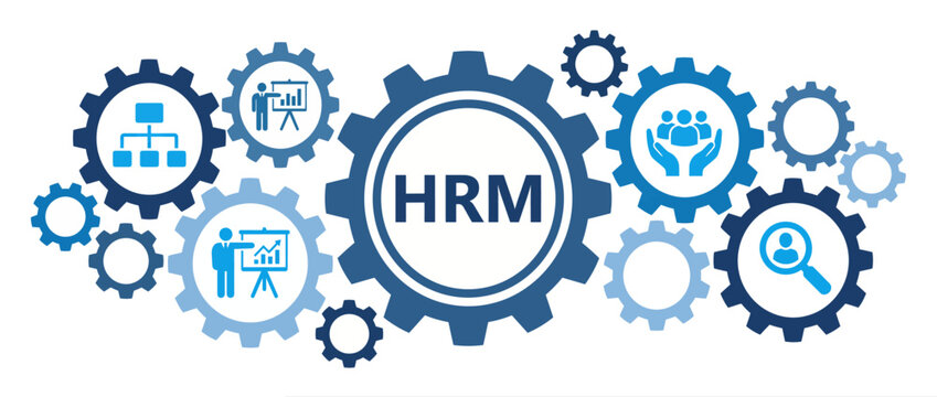 HRM concept with business gear icons. Human resource management strategy and corporate process.