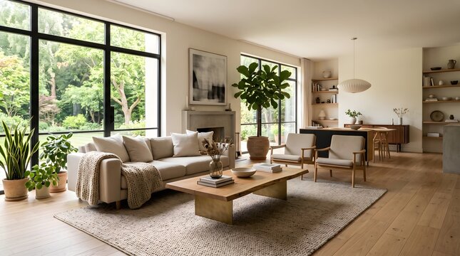 Modern spacious living room interior with large and lush greenery, interior