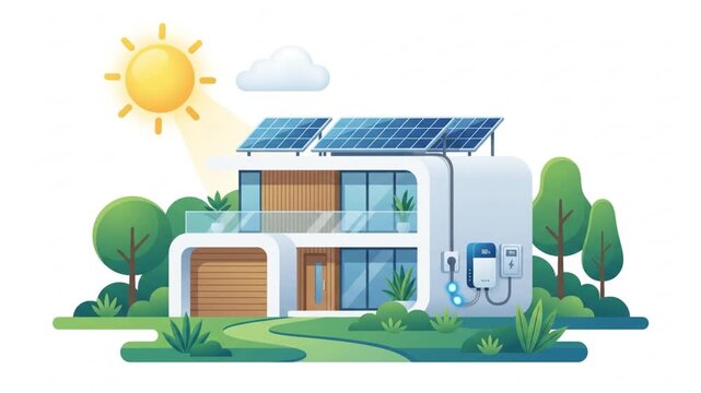 Modern Eco House with Solar Panels, Photovoltaic PV System, and Electric Vehicle EV Charger