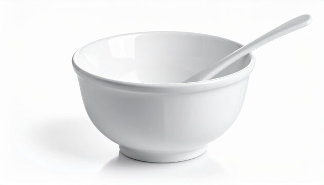 Minimalist white ceramic bowl with a spoon isolated on white background