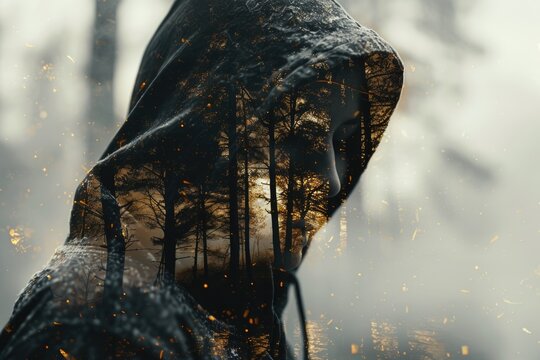 Mans face double exposure with trees in background