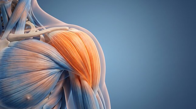 Detailed 3D medical illustration of human shoulder anatomy highlighting deltoid muscle fibers