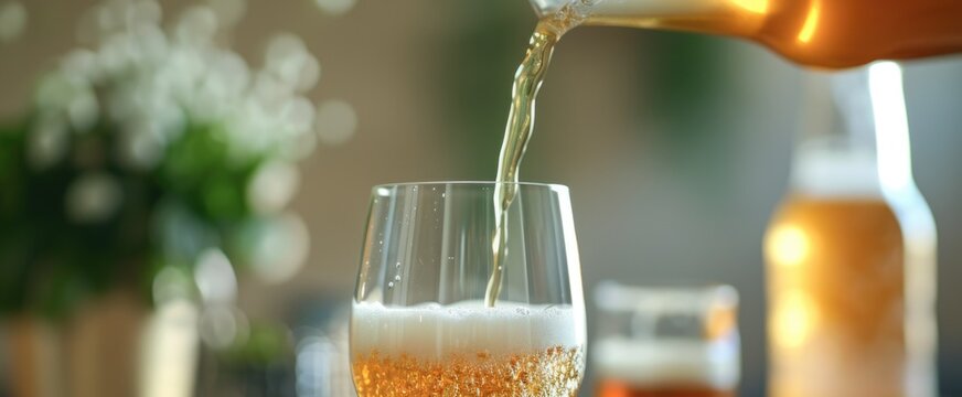 Pouring beer into glass with bokeh background