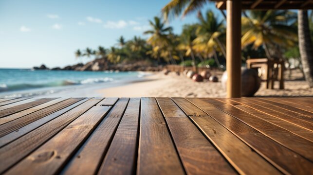 Empty wooden table on blurred background of sandy beach and blue ocean.