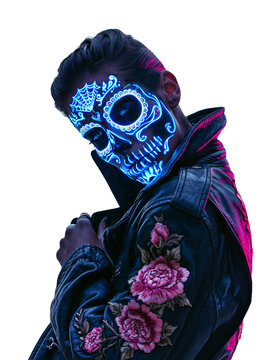 Woman with glowing neon blue sugar skull makeup and a leather jacket with embroidered roses against isolated on transparent or white background, png