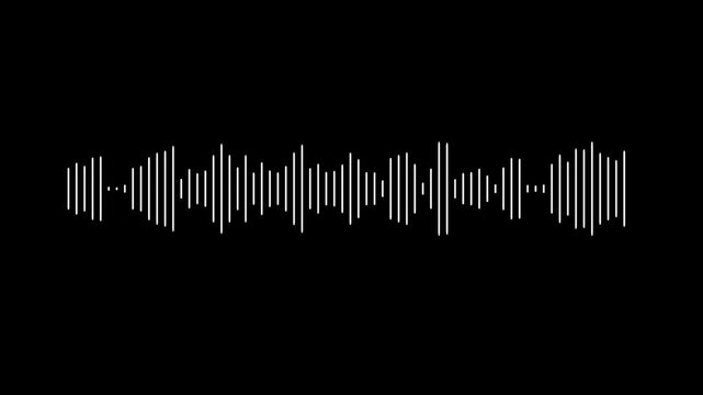 White audio waveform spectrum animation, audio visualizer on black background. Sound wave animated audio waveform spectrum animation. Music waves oscillation. Futuristic audio waves visualization. 