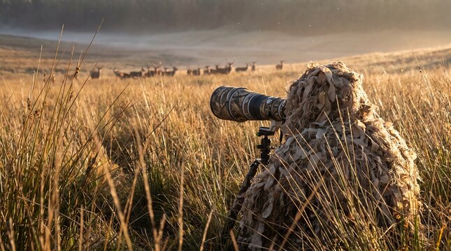 Wildlife photographer in ghillie suit photographing deer herd in golden sunrise field