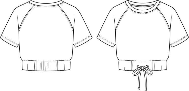 Fashion technical flat sketch of short sleeve raglan crop top with drawstring waist