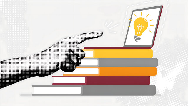 Hand pointing at computer screen with lightbulb icon on stack of educational