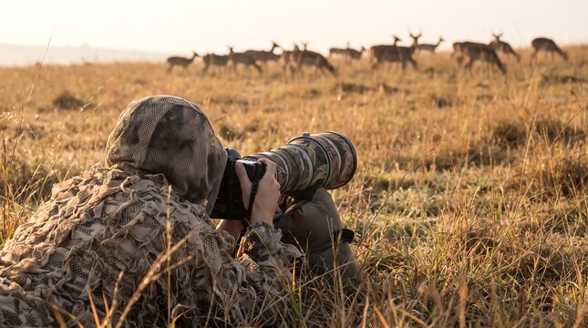 Wildlife photographer in ghillie suit using telephoto lens to photograph deer herd at sunrise.