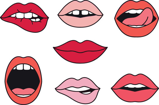 Sexy lips vector illustration set with female mouth expressions showing biting licking smiling and open teeth isolated on white background.
