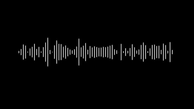 White audio waveform spectrum animation, audio visualizer on black background. Sound wave animated audio waveform spectrum animation. Music waves oscillation. Futuristic audio waves visualization. 
